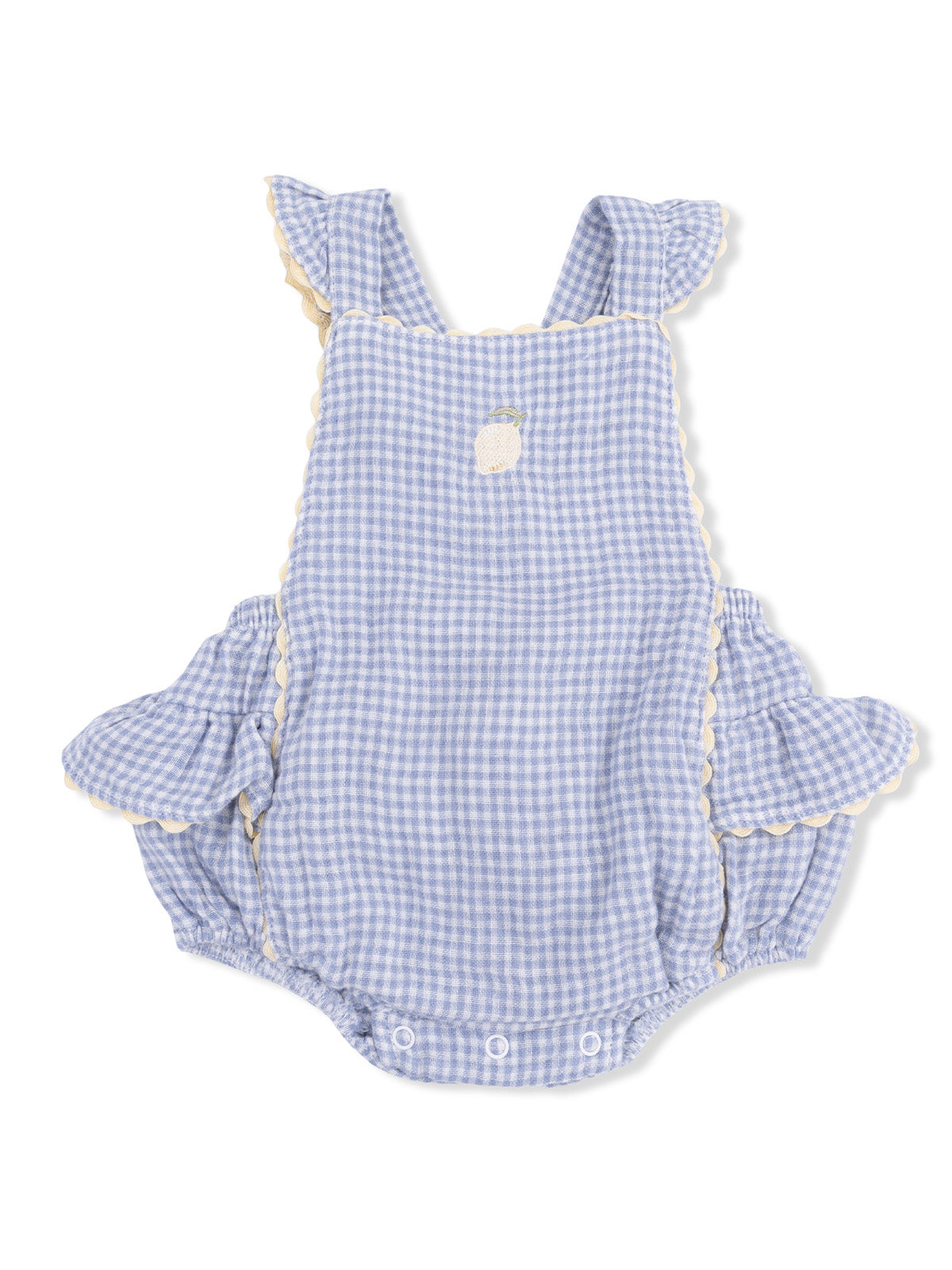 Blue gingham baby romper with ruffled straps and embroidered lemon detail. Ideal for warm weather and playful occasions.