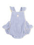Blue gingham baby romper with ruffled straps and embroidered lemon detail. Ideal for warm weather and playful occasions.
