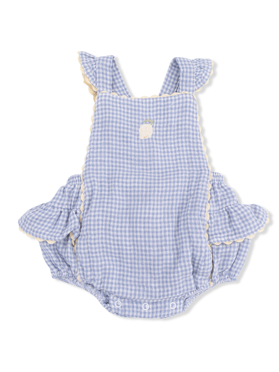 Blue gingham baby romper with ruffled straps and embroidered lemon detail. Ideal for warm weather and playful occasions.