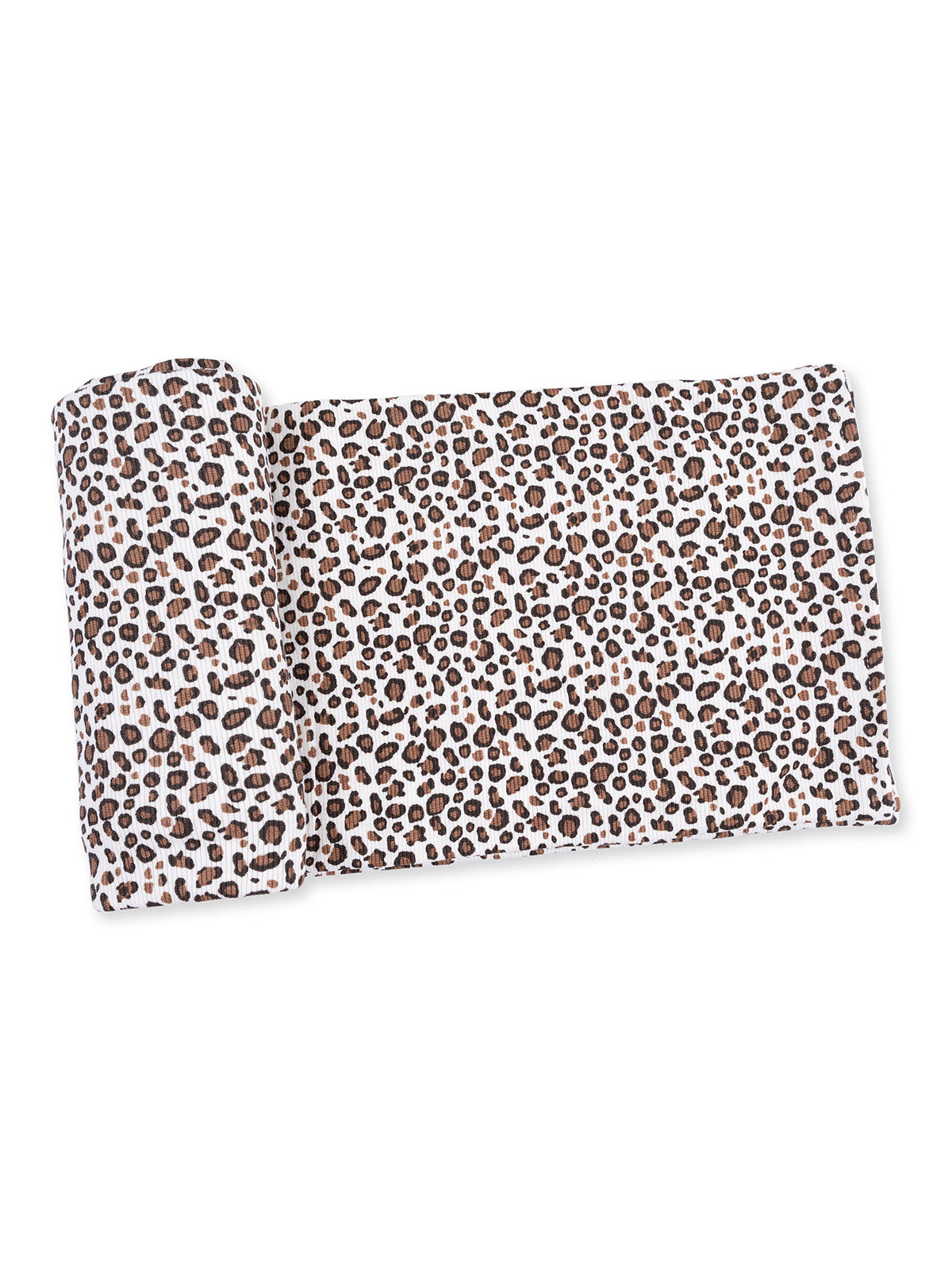 Leopard print fabric roll featuring brown spots on a white background, measuring approximately 60 inches long.