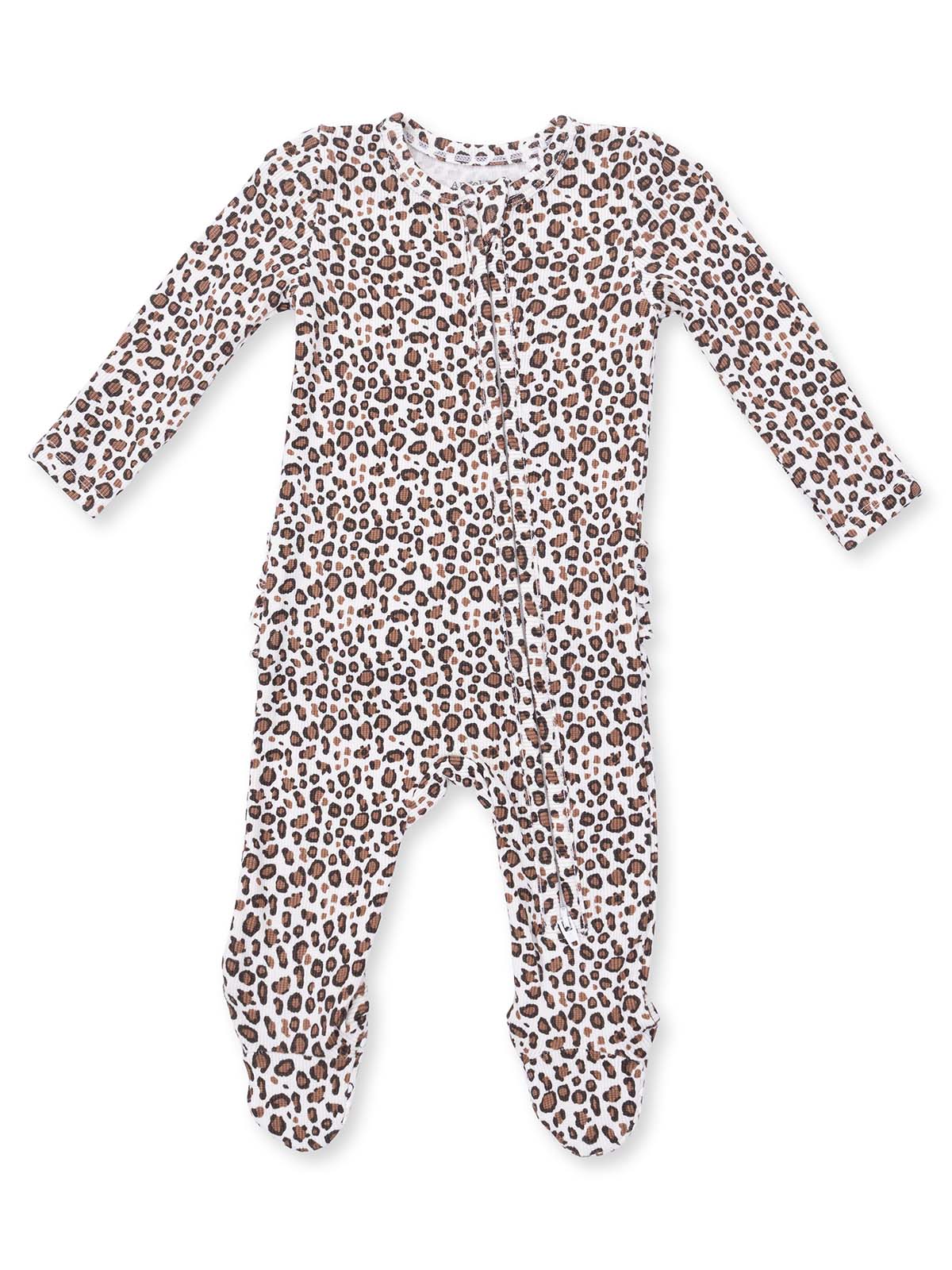 Ribbed 2-Way Ruffle Zip Footie, Leopard