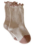 Beige socks with ruffled tops and pink accents, featuring small dotted patterns throughout.