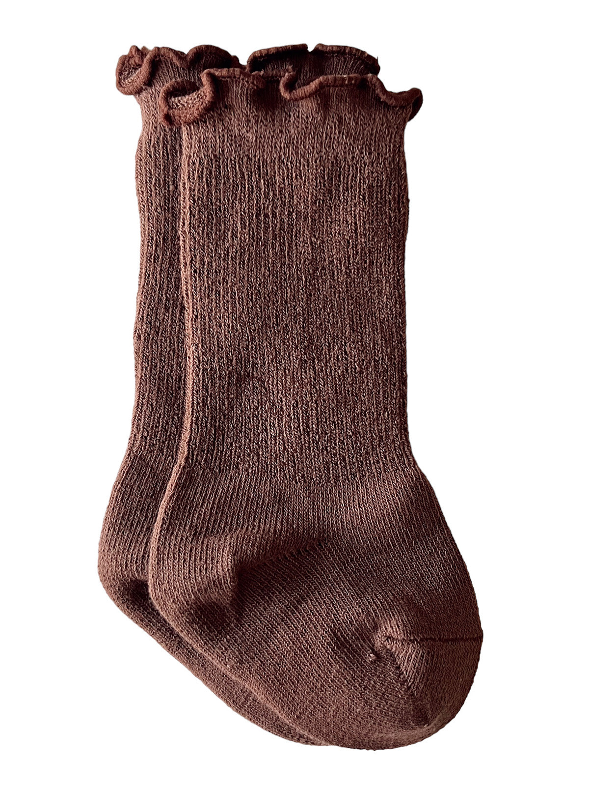 Brown ruffled socks stacked together, showcasing a soft texture and casual style. Perfect for cozy outfits.