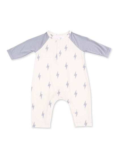 Long Sleeve Raglan Henley Romper, Lightning Bolts