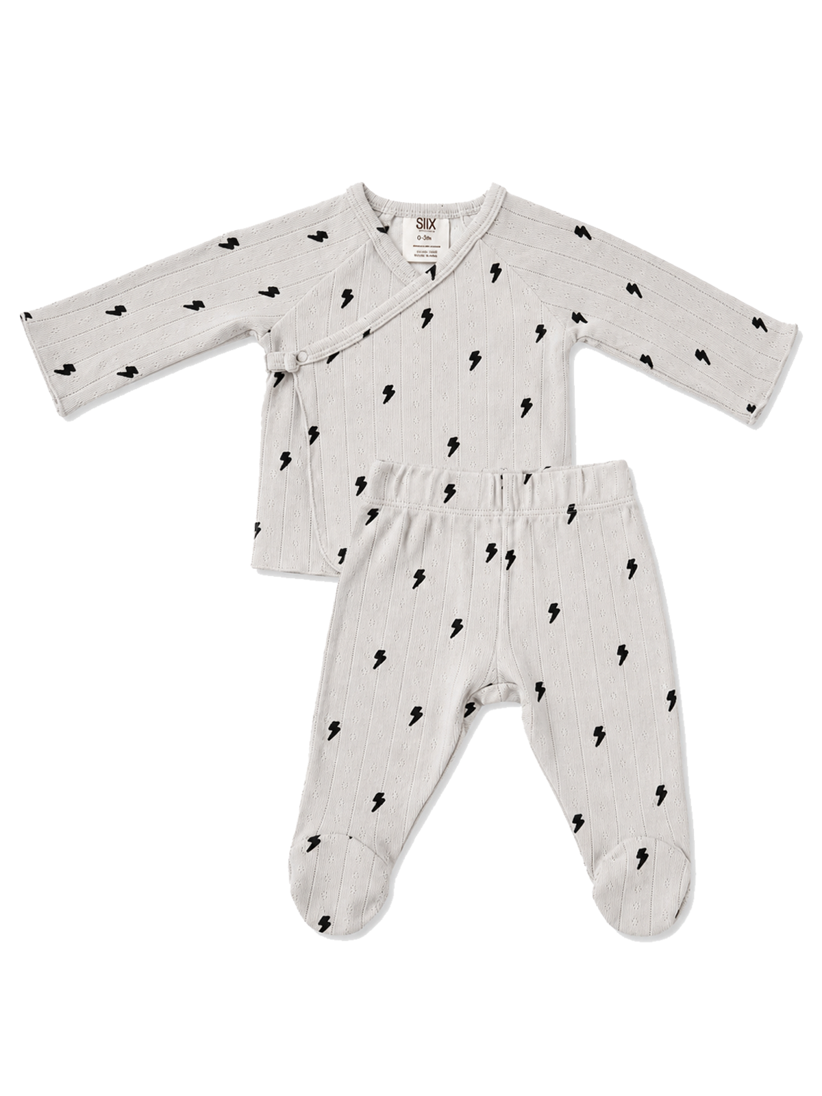 Light gray baby outfit with black lightning bolt prints, including a wrap top and footed pants.