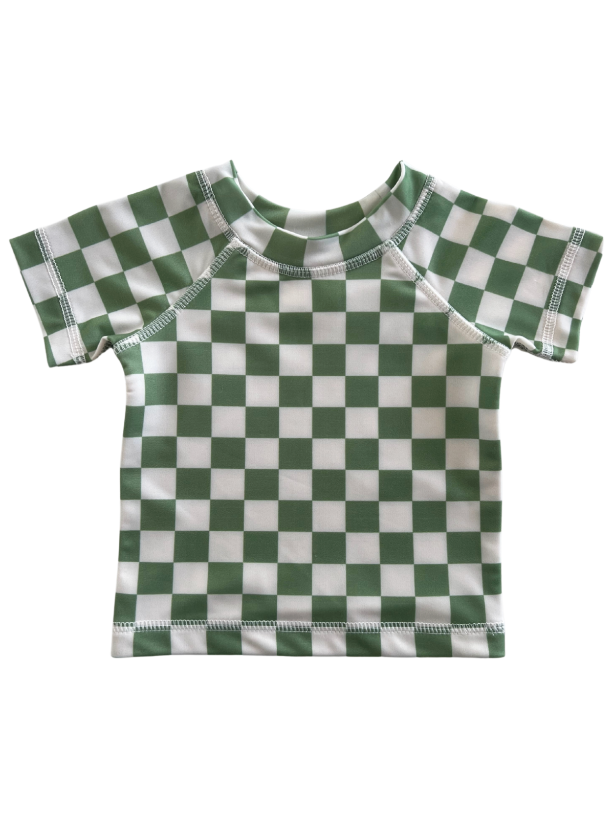 Green and white checkered short-sleeve rash guard for kids. Ideal for swimwear and sun protection.