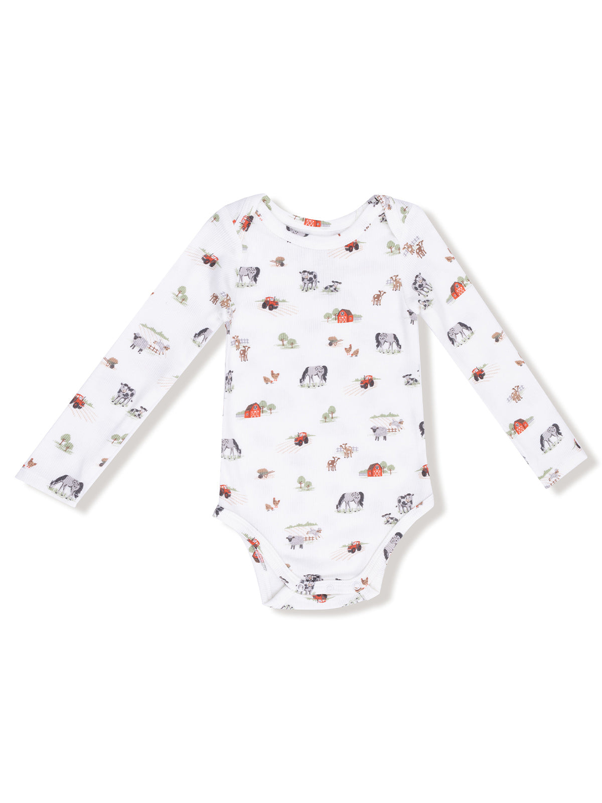 Long-sleeve baby bodysuit with a farm animal print on a white background.