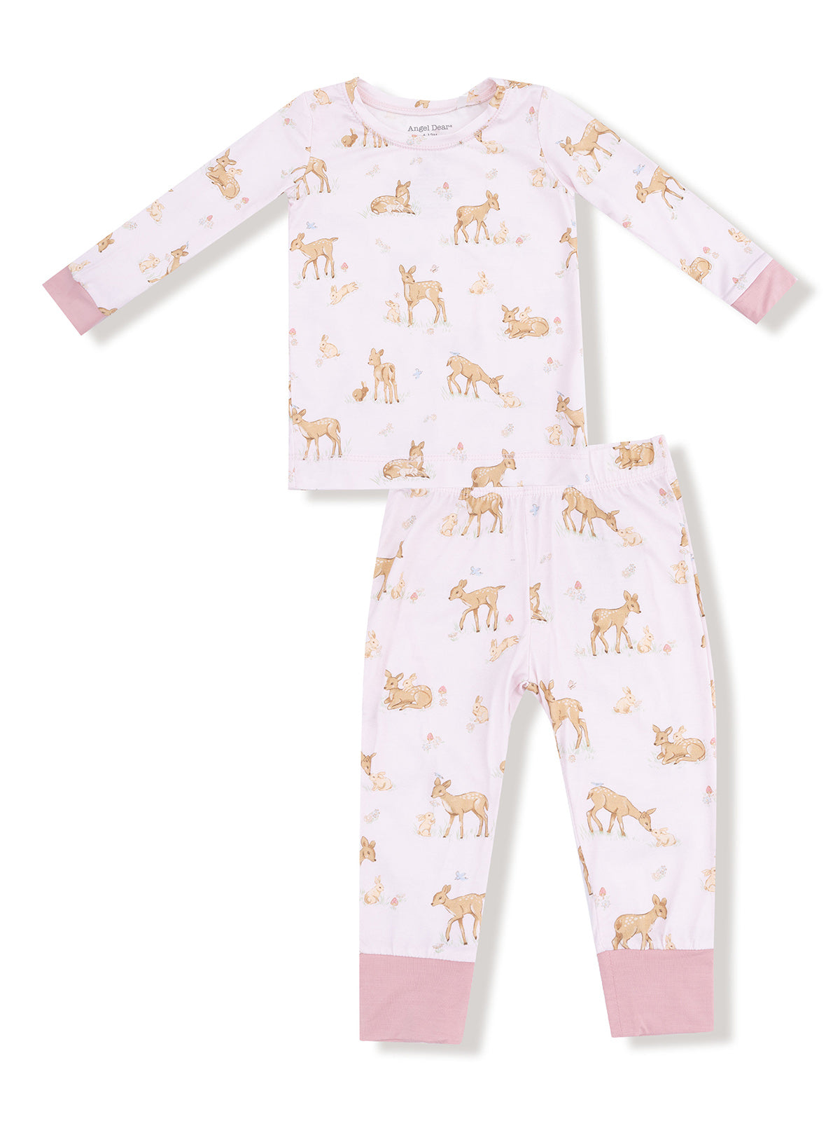 Girls' pajama set featuring pink and cream patterns of deer and rabbits on a soft fabric.