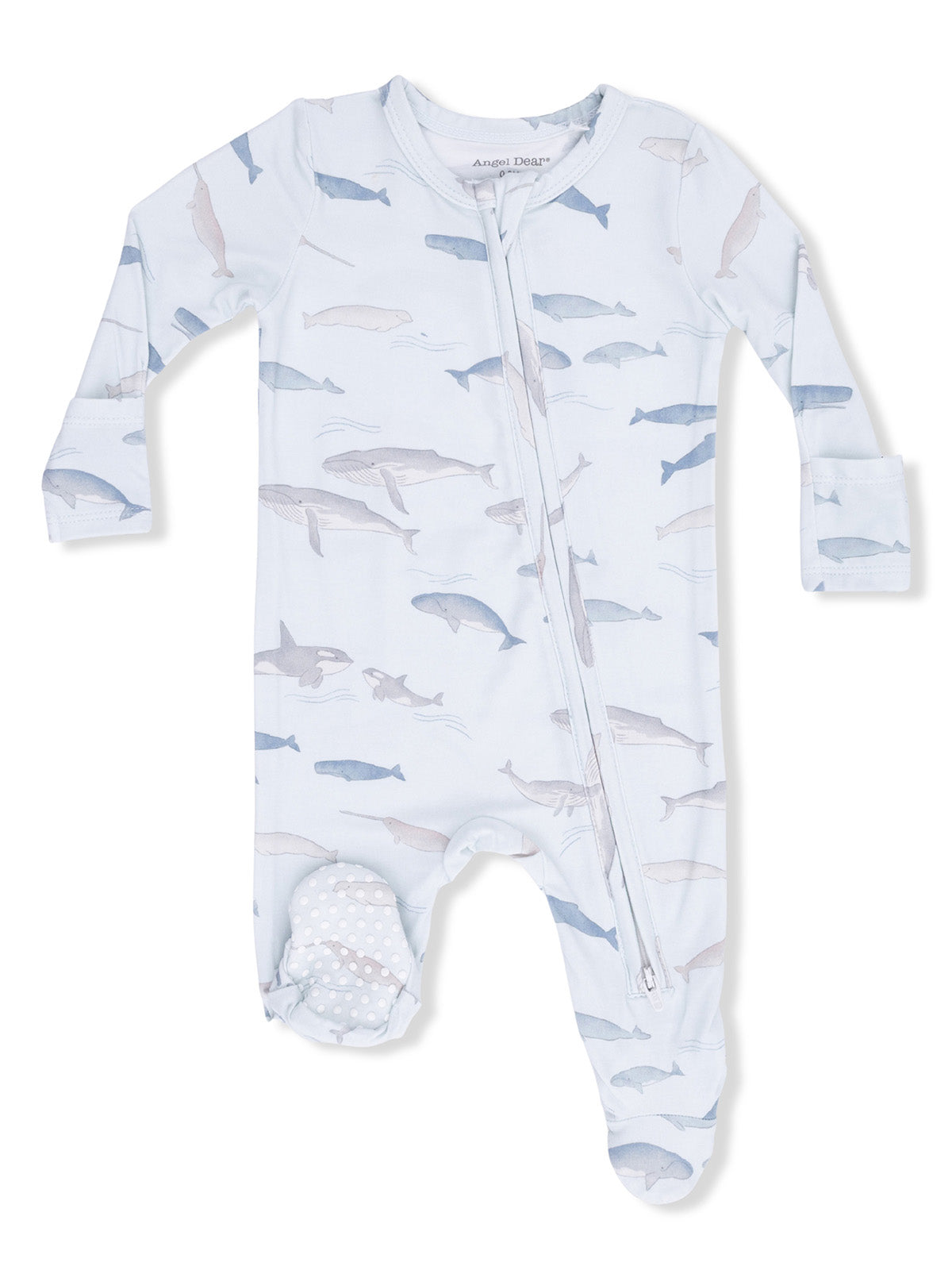 Light blue baby onesie with whale patterns, featuring a front zipper and footed design. Ideal for comfort and style.