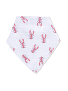 Lobster-patterned bandana on a striped background, showcasing a fun and playful design.