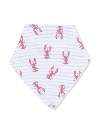 Lobster-patterned bandana on a striped background, showcasing a fun and playful design.