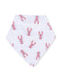 Lobster-patterned bandana on a striped background, showcasing a fun and playful design.