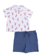 Lobster-patterned short-sleeve shirt paired with navy blue shorts for kids. Casual summer outfit.