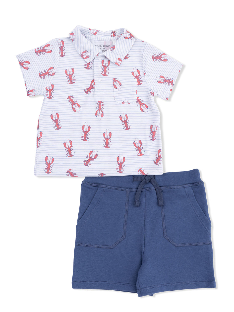 Lobster-patterned short-sleeve shirt paired with navy blue shorts for kids. Casual summer outfit.