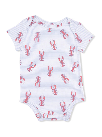 White striped baby onesie featuring a playful lobster print in red and pink tones.
