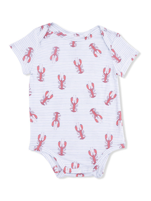 White striped baby onesie featuring a playful lobster print in red and pink tones.