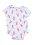 White striped baby onesie featuring a playful lobster print in red and pink tones.