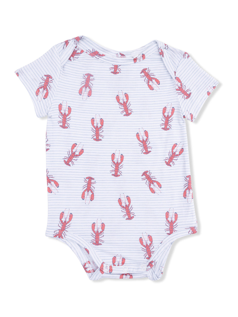 White striped baby onesie featuring a playful lobster print in red and pink tones.