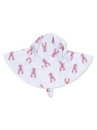 Wide-brimmed sun hat featuring a red lobster pattern on a light striped background.