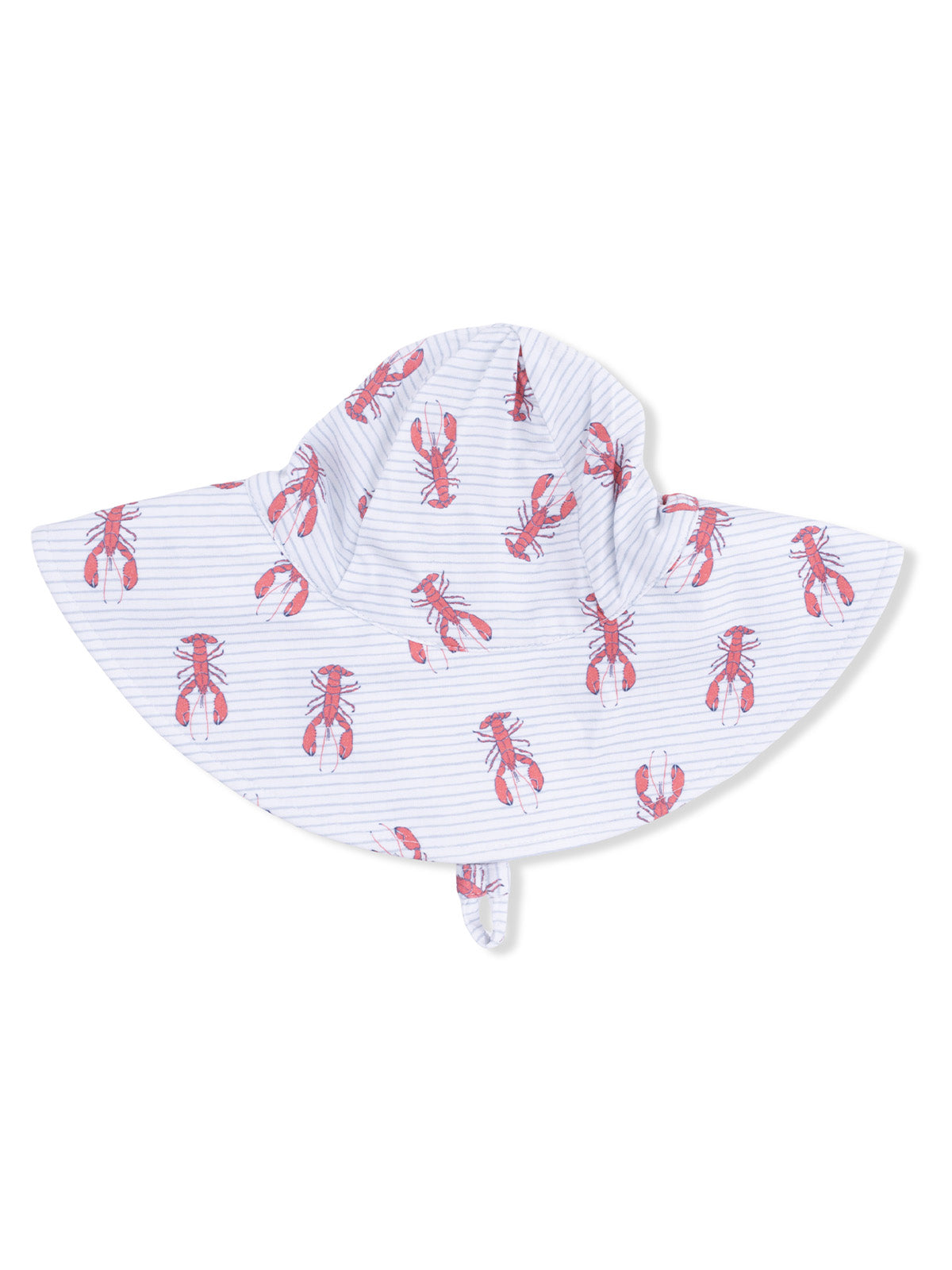 Wide-brimmed sun hat featuring a red lobster pattern on a light striped background.
