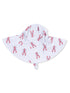 Wide-brimmed sun hat featuring a red lobster pattern on a light striped background.