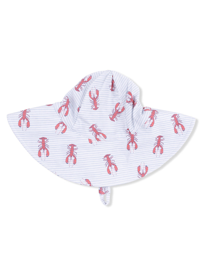 Wide-brimmed sun hat featuring a red lobster pattern on a light striped background.