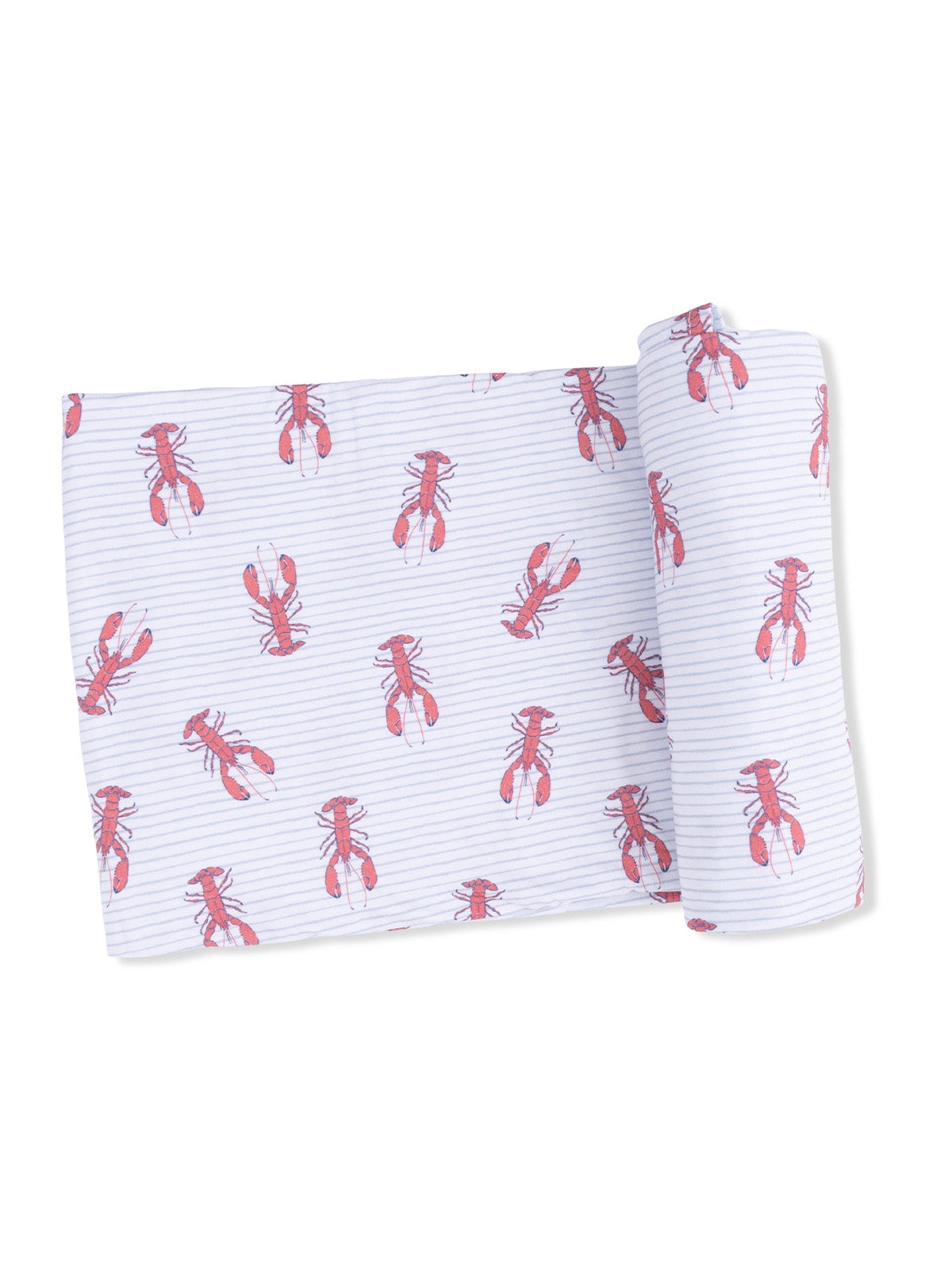 Lobster-patterned fabric roll on a striped background, showcasing red lobsters against a light blue backdrop.