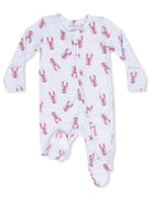 Lobster-patterned baby onesie with long sleeves and a zipper, featuring blue stripes and soft fabric.