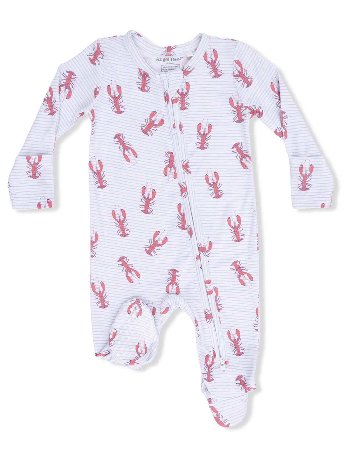 Lobster-patterned baby onesie with long sleeves and a zipper, featuring blue stripes and soft fabric.