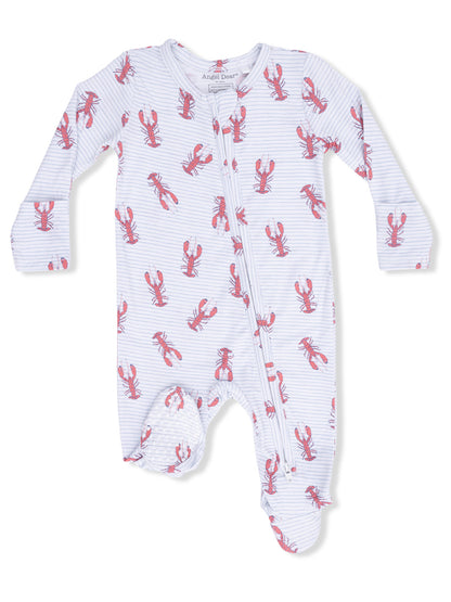 Lobster-patterned baby onesie with long sleeves and a zipper, featuring blue stripes and soft fabric.