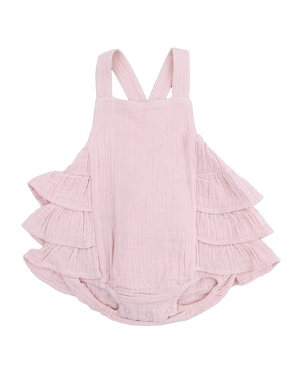 Light pink baby romper with ruffled sleeves and snap closure at the bottom.