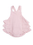 Light pink baby romper with ruffled sleeves and snap closure at the bottom.