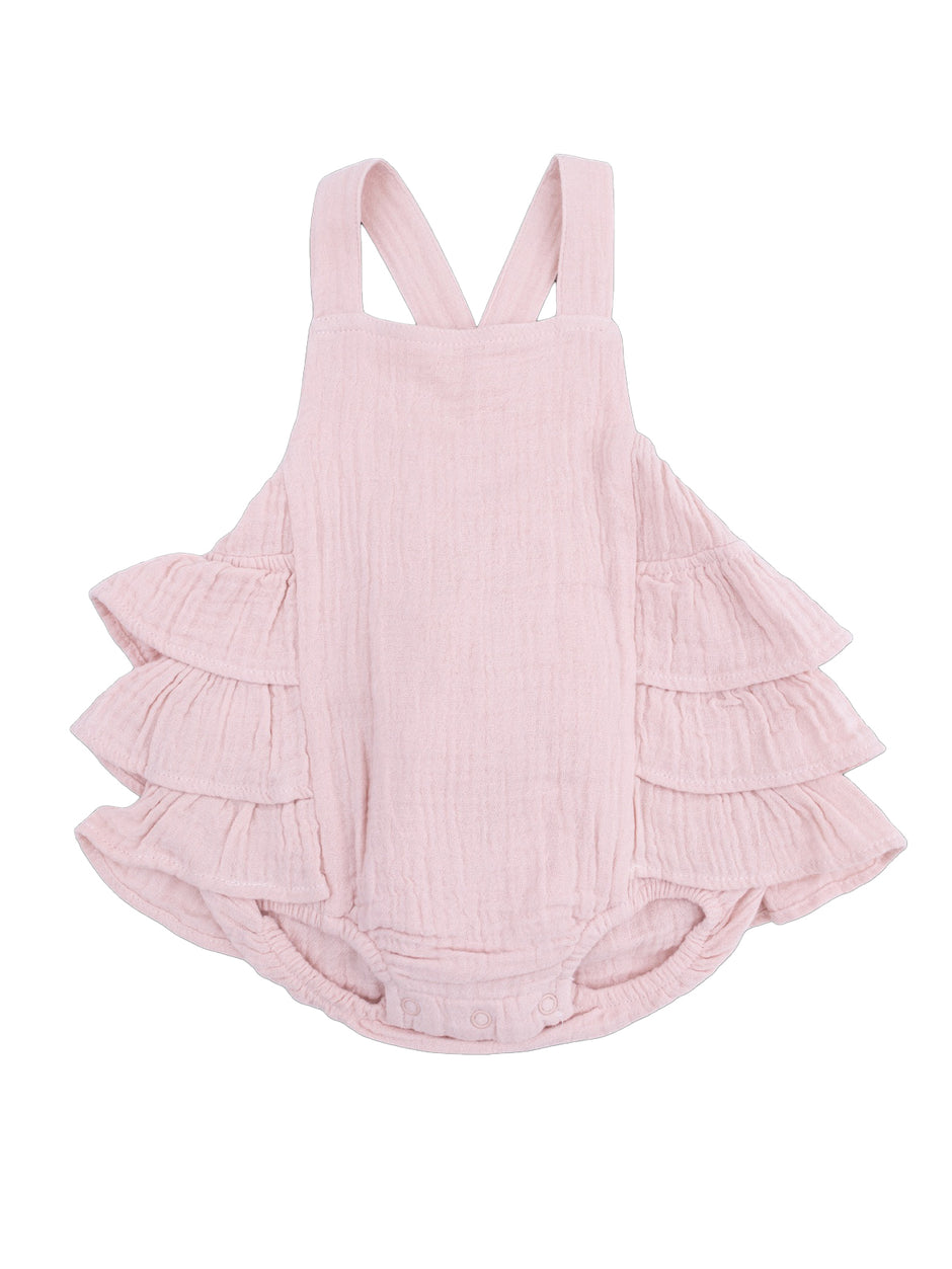 Light pink baby romper with ruffled sleeves and snap closure at the bottom.