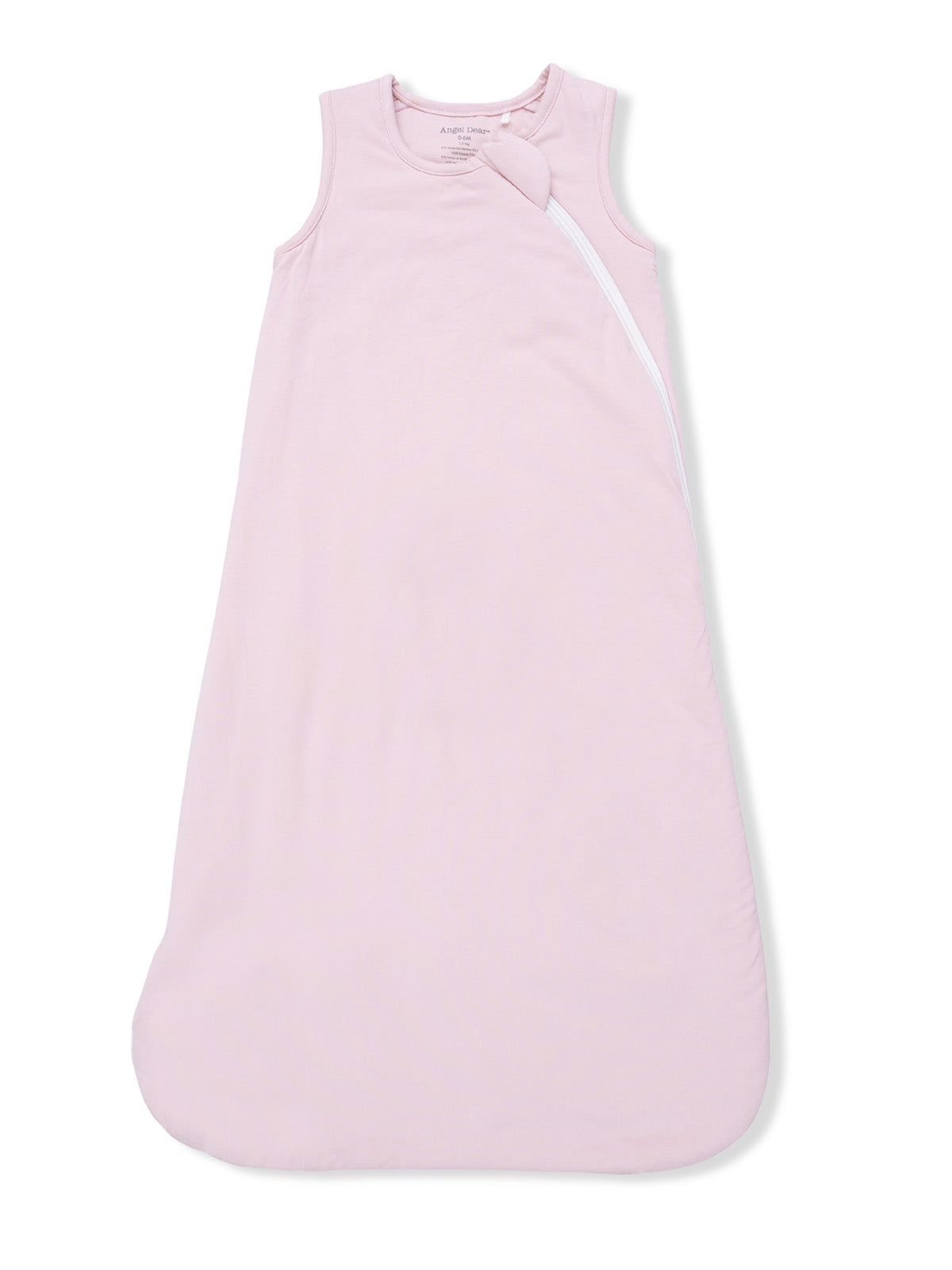 Light pink sleeveless baby sleeping bag with a side zipper and a decorative knot. Suitable for infants.