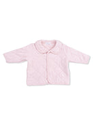 Pink quilted baby jacket with a rounded collar and long sleeves, featuring button closure at the front.