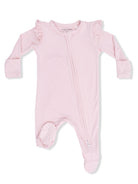 Pink infant romper with ruffle details and a front zipper for easy dressing, featuring polka-dot foot grips.
