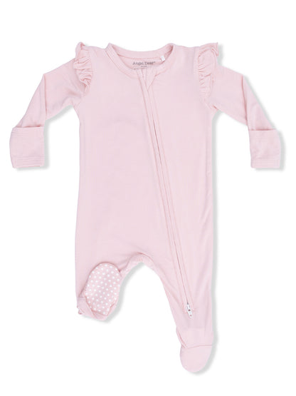 Pink infant romper with ruffle details and a front zipper for easy dressing, featuring polka-dot foot grips.