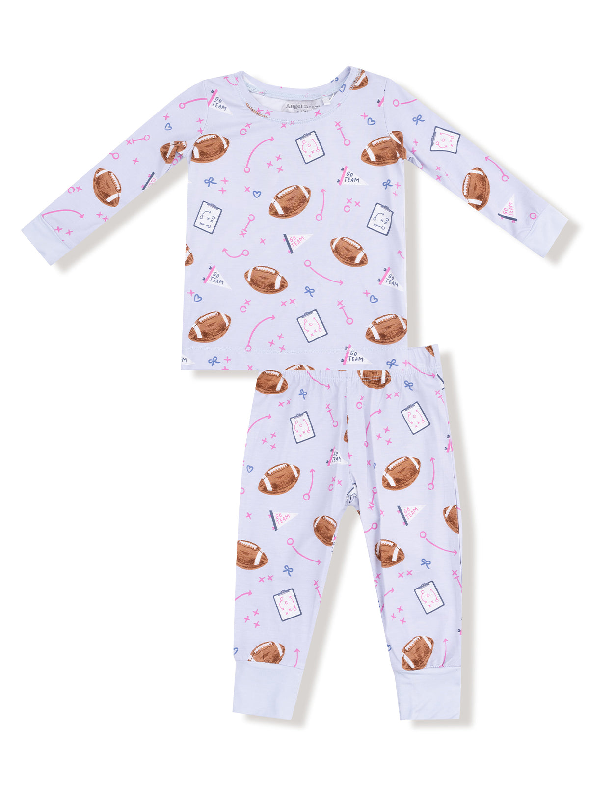 Children's pajama set featuring football graphics on light blue fabric, includes long-sleeve top and pants.