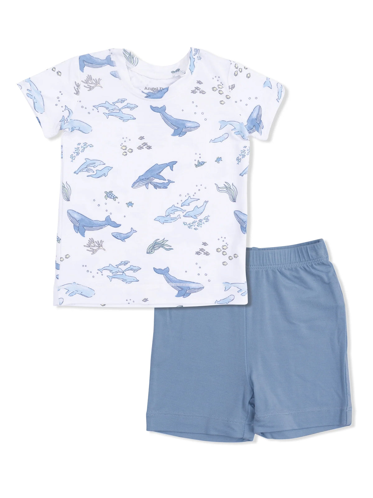 Children's pajama set featuring a whale-printed shirt and solid blue shorts. Ideal for sleep or play.