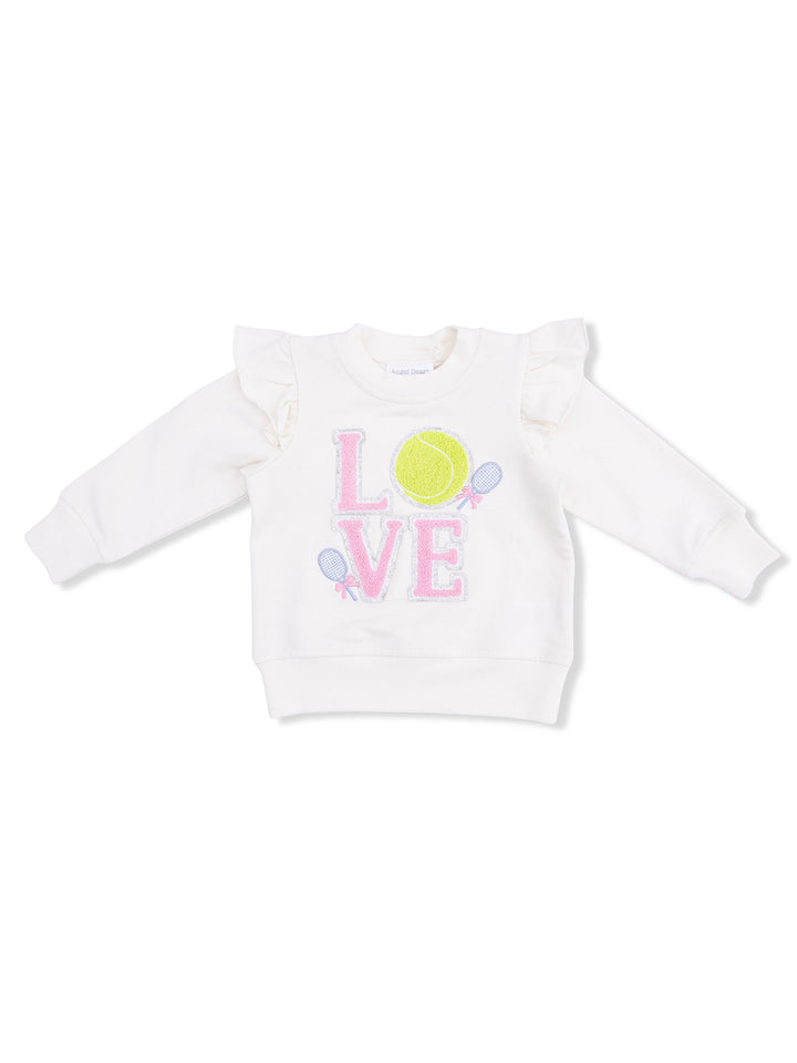 White toddler sweatshirt with ruffled sleeves, featuring "LOVE" and tennis graphics in colorful embroidery.
