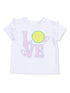 White t-shirt with ruffled sleeves, featuring "LOVE," a tennis ball, and racquets in pastel colors.