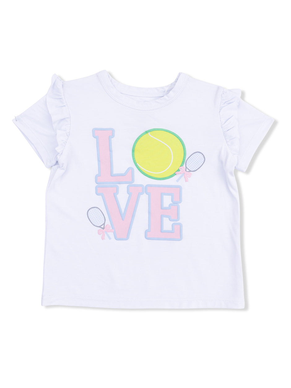 White t-shirt with ruffled sleeves, featuring "LOVE," a tennis ball, and racquets in pastel colors.