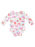 White long-sleeve baby bodysuit with colorful, playful food-themed patterns and heart graphics.