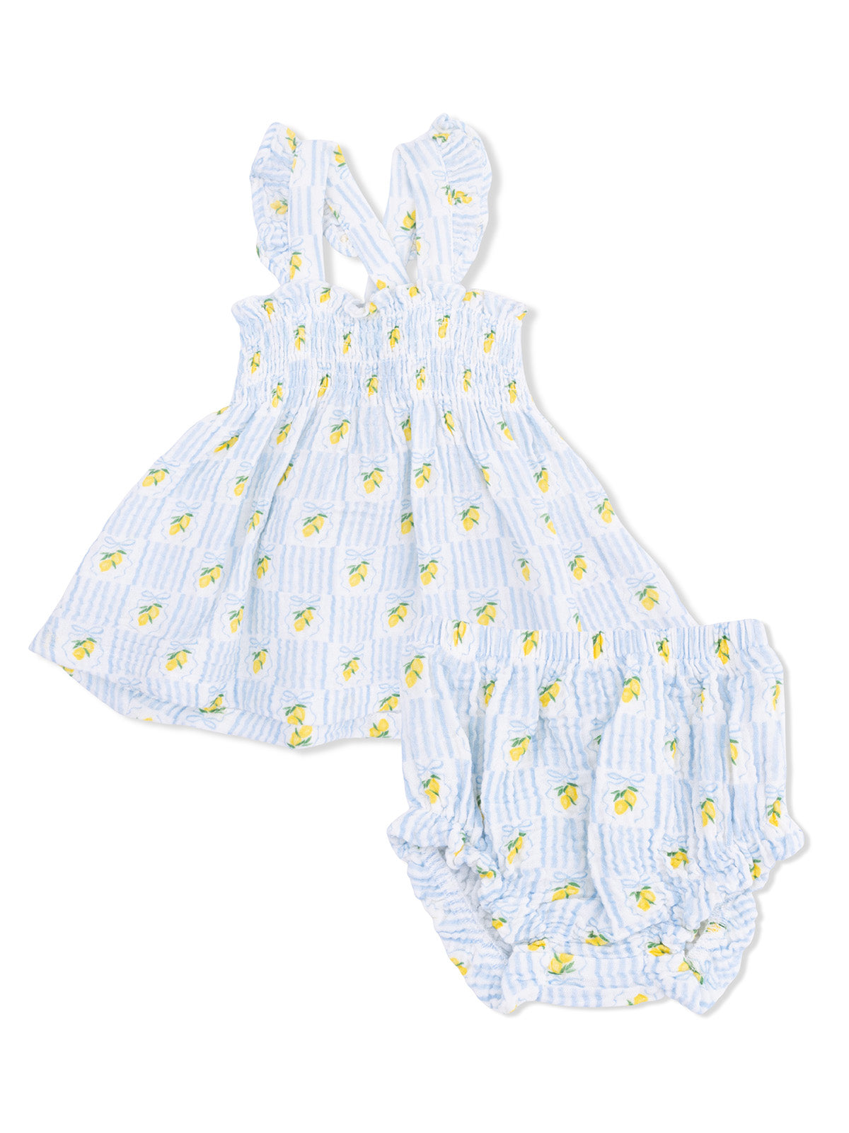 Blue striped children's dress with lemon print, featuring ruffled straps and matching bloomer shorts.