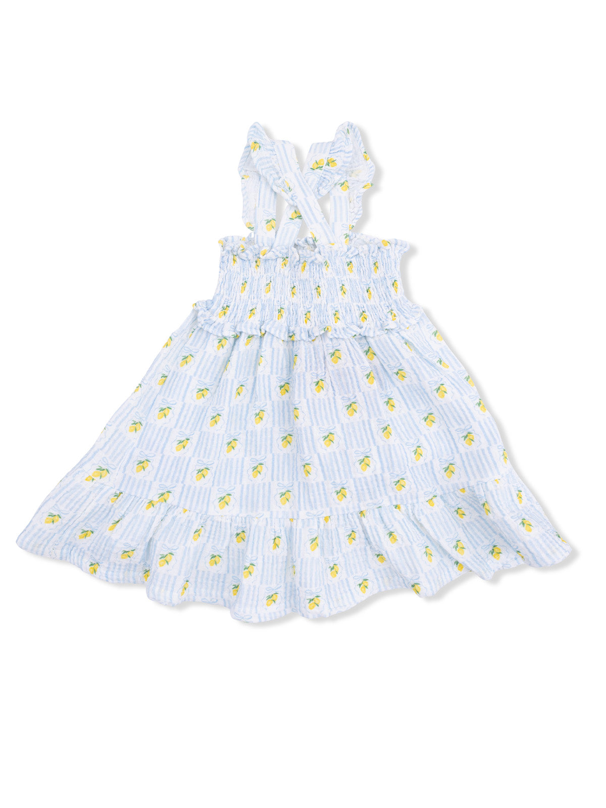 Blue dress with lemon print and frill at the bottom, featuring cross-back straps. Perfect for summer.