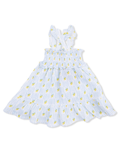 Blue dress with lemon print and frill at the bottom, featuring cross-back straps. Perfect for summer.