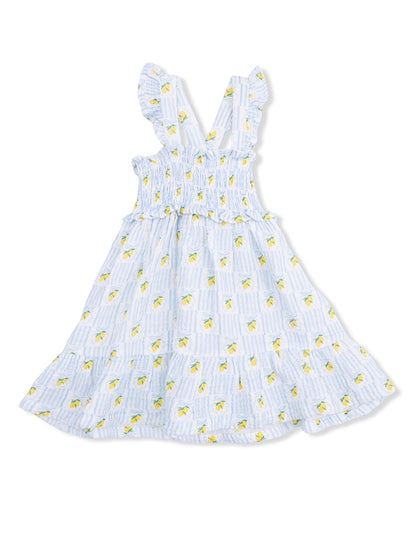 Light blue dress with ruffled straps and lemon print, featuring a smocked bodice and flared skirt.