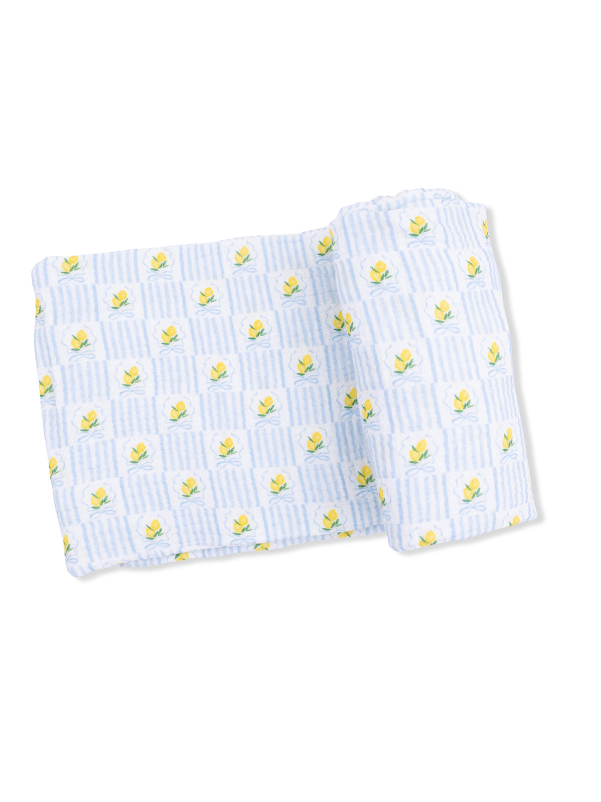Blue and white patterned blanket featuring yellow flowers in a grid design.
