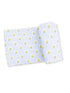 Blue and white patterned blanket featuring yellow flowers in a grid design.