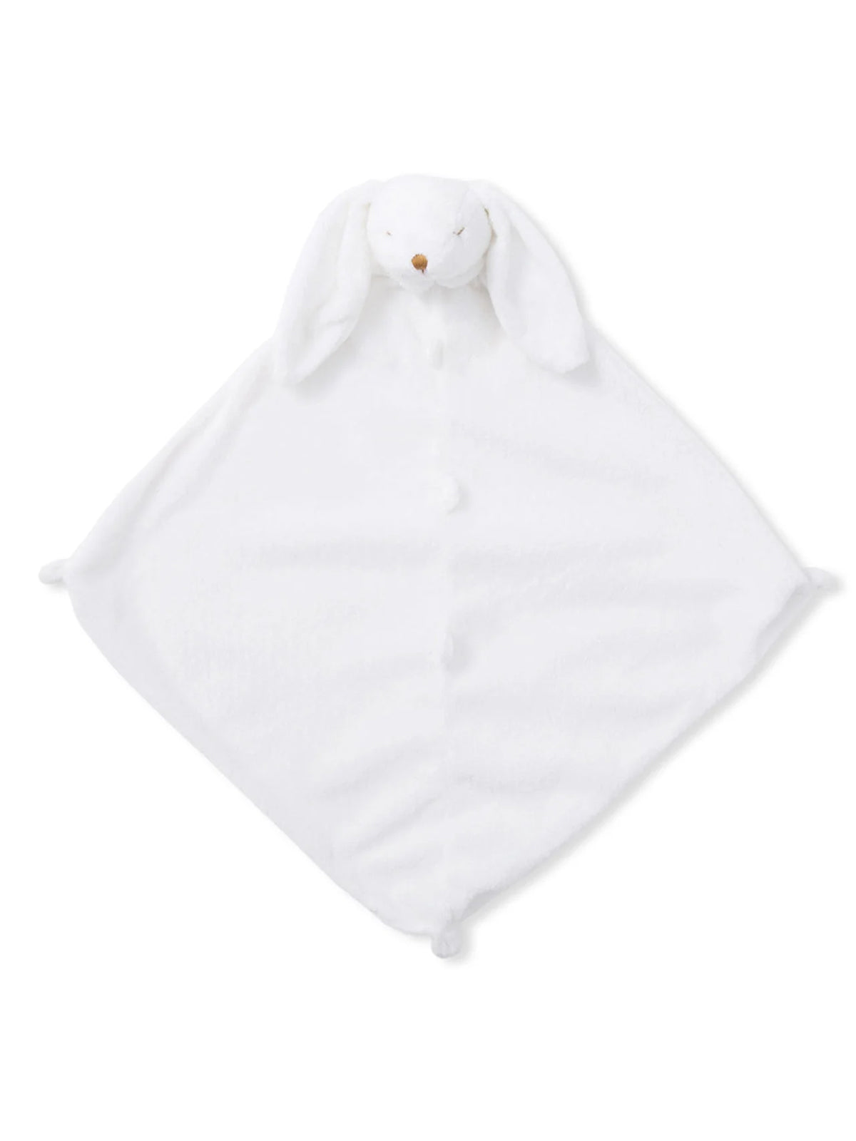 White bunny-themed security blanket with soft fabric and floppy ears. Ideal for infants and toddlers.